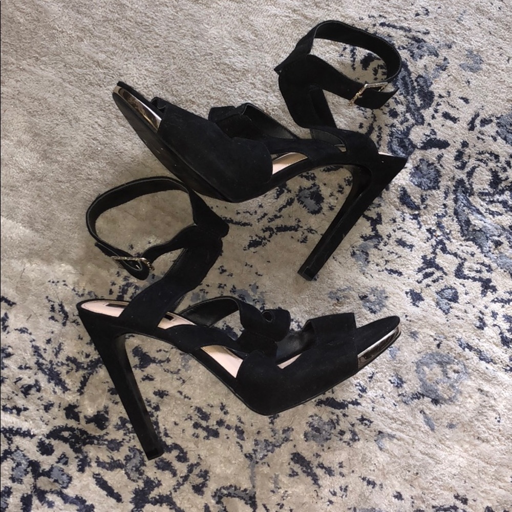 •ZARA• Black Suede Strappy Heels -gold accents